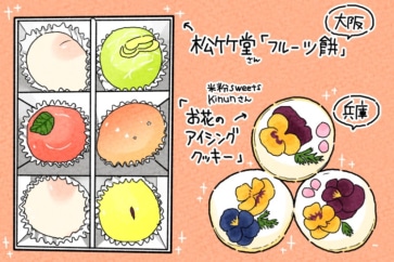 写真:きらきらのフルーツ餅&押し花のクッキー。乙女心に訴えるお土産