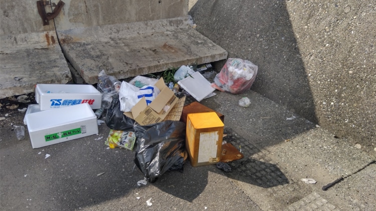 釣り場に放置されたゴミの一例（新潟県糸魚川市筒石漁港）