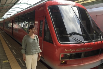 写真:車内はキンメダイだらけ。伊豆急の「キンメ電車」に乗ってみた