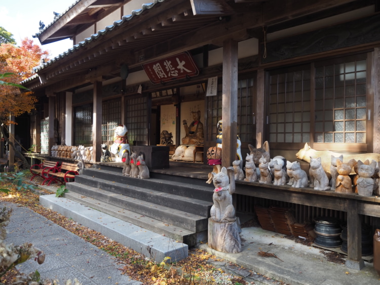 本堂の縁側にチェンソーアートの猫