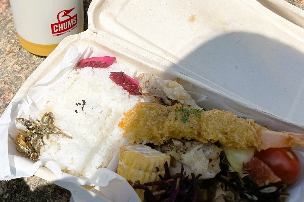 ごはんや卵焼き天ぷらなどがボックスに入っている